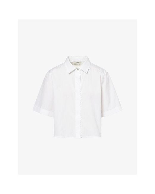 Vince White Scallop-Front Short-Sleeve Cotton Shirt