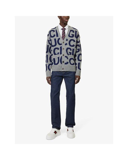 Gucci Blue Logo-intarsia Relaxed-fit Wool-knit Cardigan for men