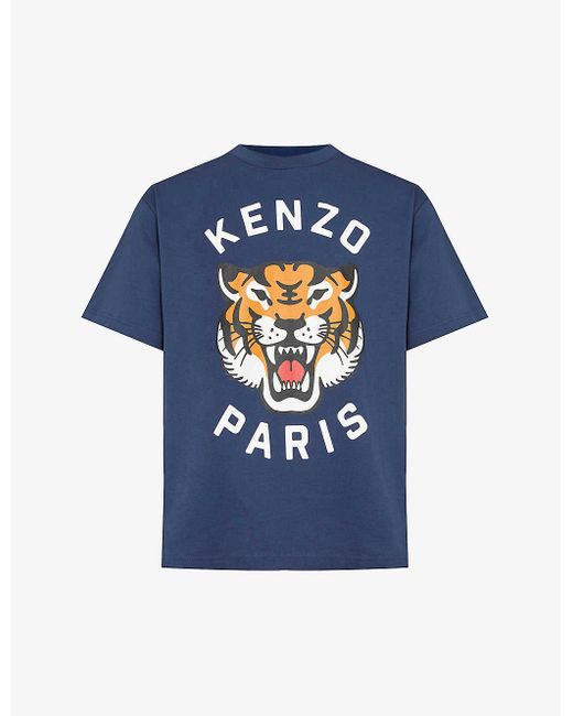 KENZO Blue Lucky Tiger Brand-print Cotton-jersey T-shirt for men