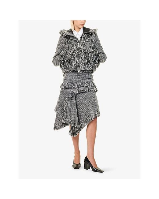 Sacai Gray Tassel-Trim Hooded Tweed Jacket