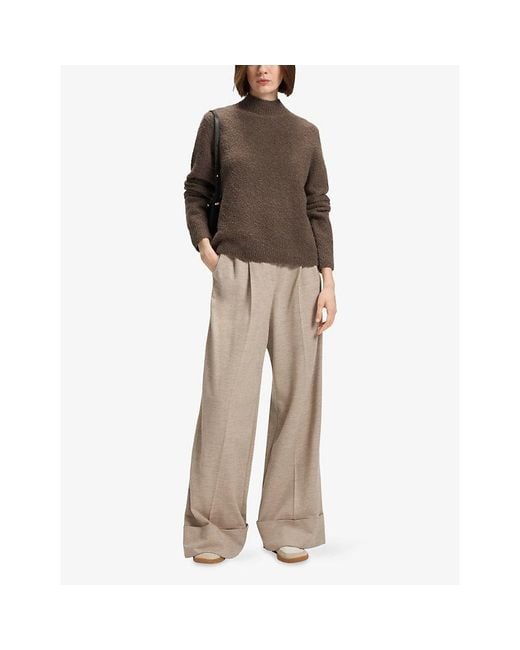 Boss Brown Bouclé-Texture High-Neck Wool-Blend Jumper