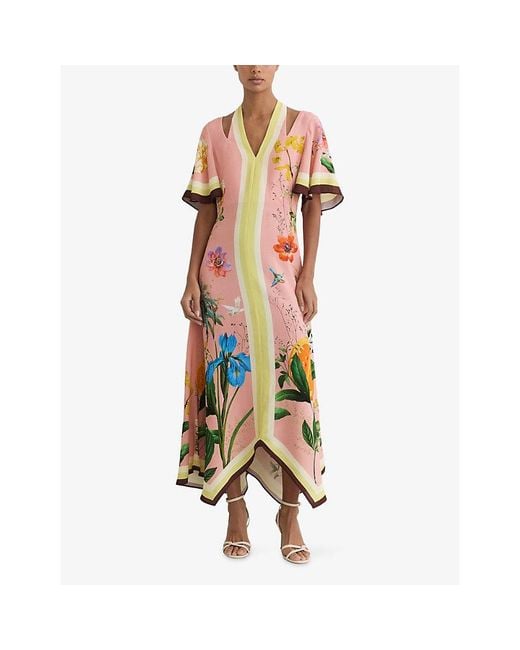 Reiss White Flossy Floral-Print Cut-Out Woven Midi Dress