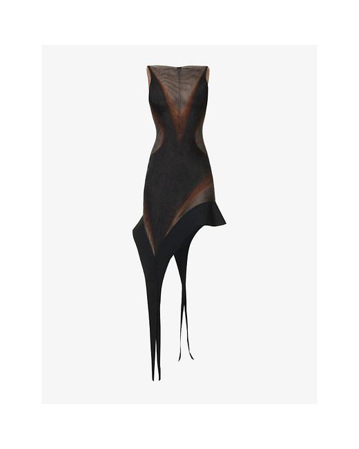 Mugler Black Contrast-panel Asymmetric-hem Stretch-woven Mini Dress