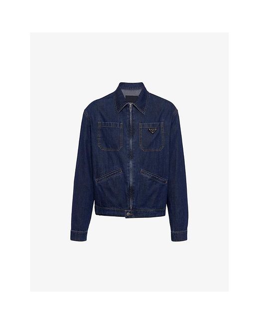 Prada Blue Brand-plaque Regular-fit Washed-denim Jacket for men