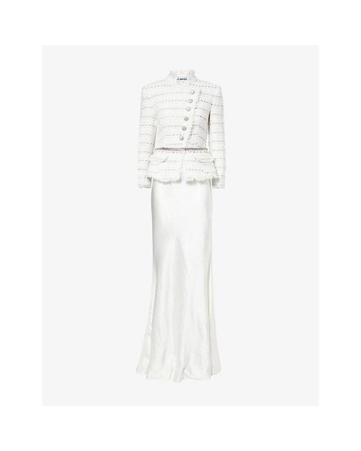 Self-Portrait White Boucle Contrast Satin Maxi Dress