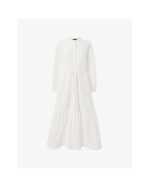 Whistles White Broderie Tie-Waist Cotton Midi Dress