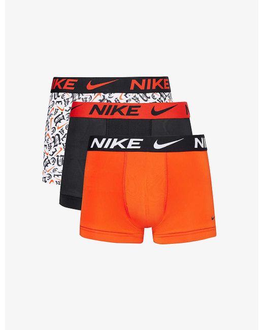 Nike Orange Logo-waistband Pack Of Three Recycled Polyester-blend Trunks X for men