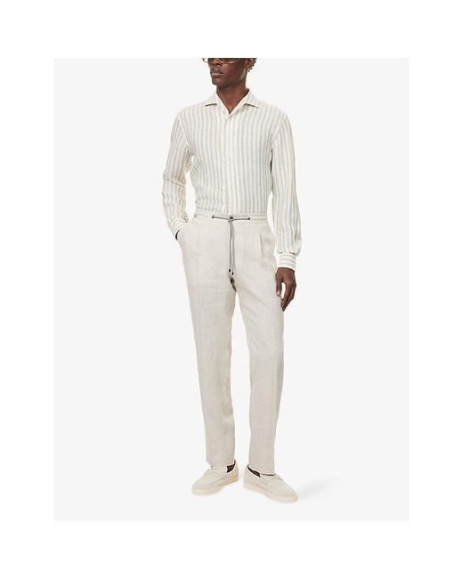 Corneliani Natural Pleat Drawstring Linen Trousers for men