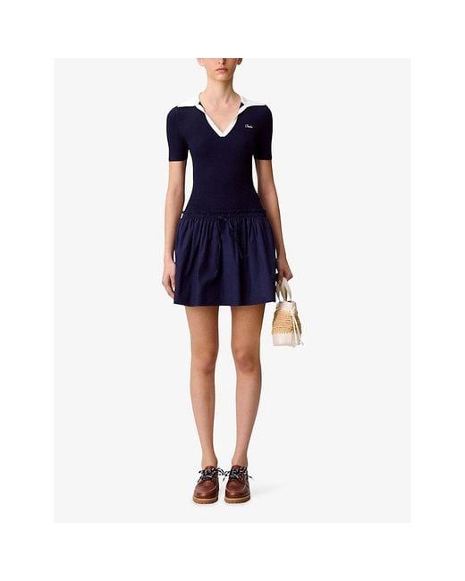 Claudie Pierlot Blue Logo-Embroidered Mixed-Material Mini Dress