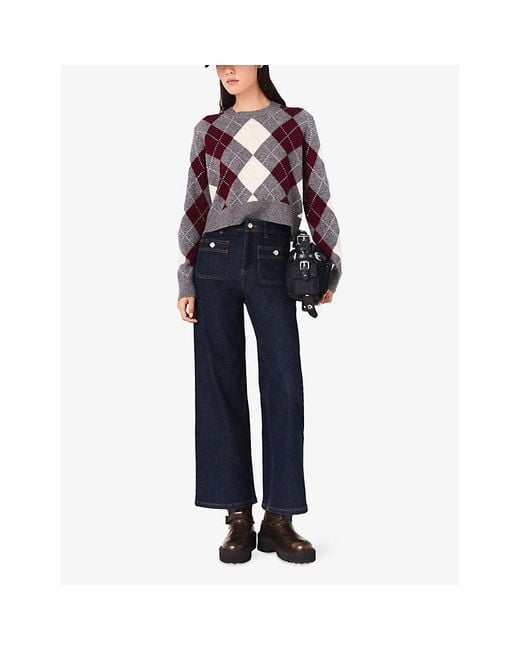 Maje Purple Cropped Long-Sleeve Argyle Wool Jumper