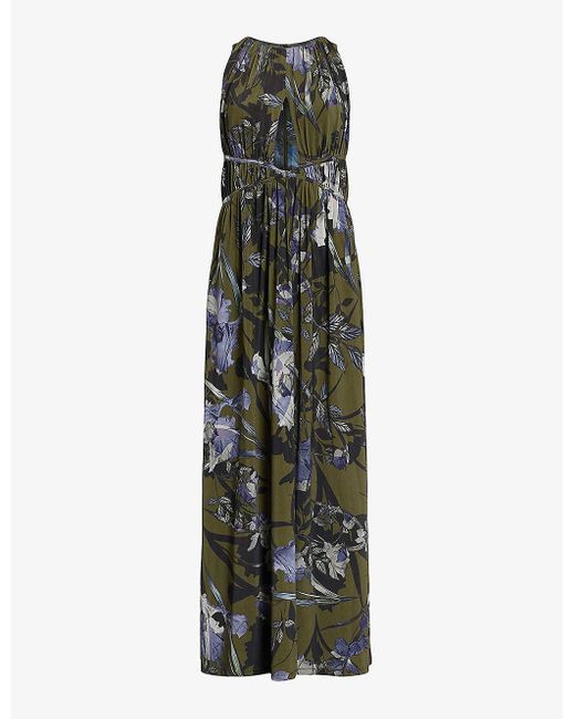 AllSaints Green Kaya Batu Floral-print Cut-out Stretch-woven Maxi Dress