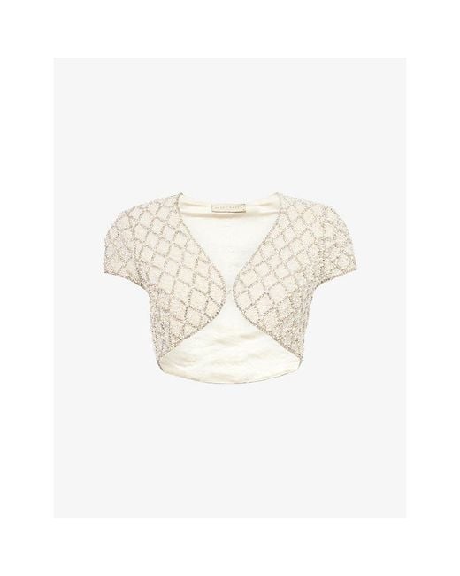 GRACE FAENA Natural Pearl And Crystal-Embellished Cropped Satin Jacket