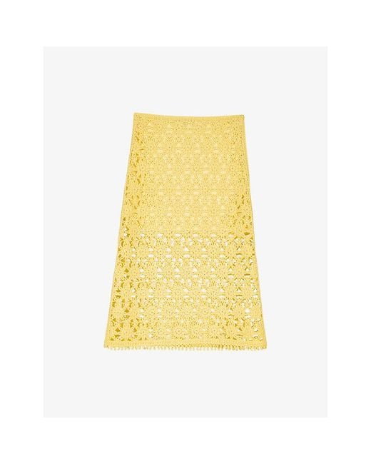 Maje Yellow Openwork Slim-Fit High-Rise Crochet Midi Skirt