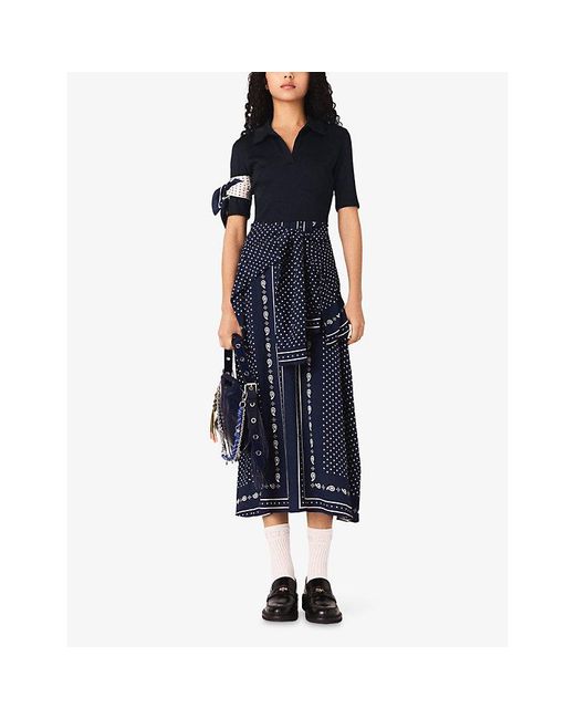 Maje Blue Polo-Collar Patterned Woven Midi Dress