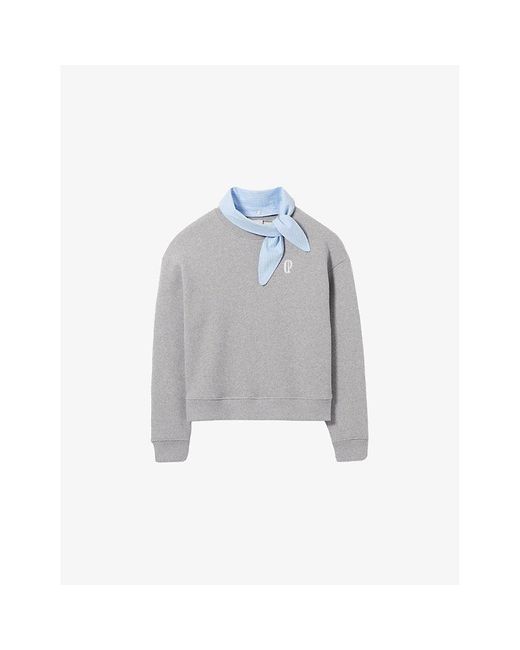 Claudie Pierlot Gray Scarf-Collar Brand-Embroidered Cotton-Blend Sweatshirt