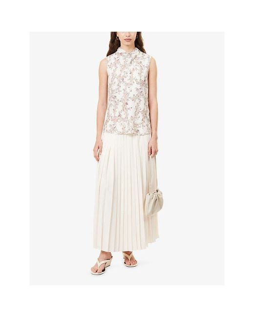 ME+EM White Floral-Print Sleeveless Silk Top
