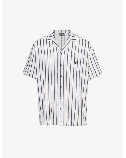 Emporio Armani White Stripe-print Relaxed-fit Cotton And Linen-blend Shirt for men
