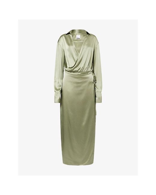 The Dropped Collection Green Wrap-Front Long-Sleeve Silk Dress
