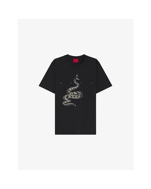 HUGO Black Snake-Print Short-Sleeved Cotton-Jersey T-Shirt for men