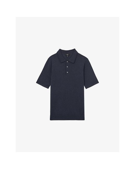 Reiss Blue Manor Half-Button Short-Sleeve Merino-Wool Polo Shirt for men