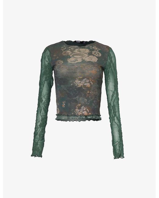 Jaded London Green Floral-pattern Semi-sheer Mesh Top