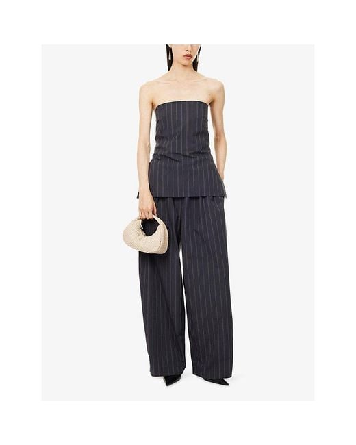 St. Agni Blue Striped Strapless Cotton-Blend Top