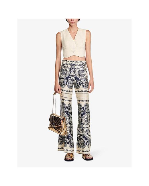 Sandro Gray Graphic-print Wide-leg Mid-rise Satin Trousers