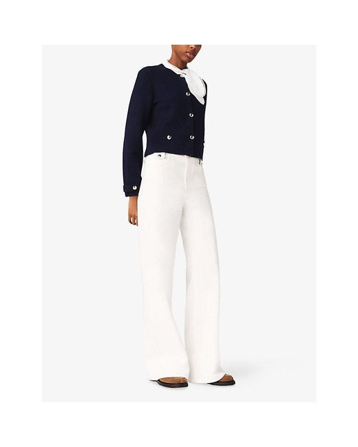 Maje Blue Embroidered-Collar Cropped Knitted Cardigan
