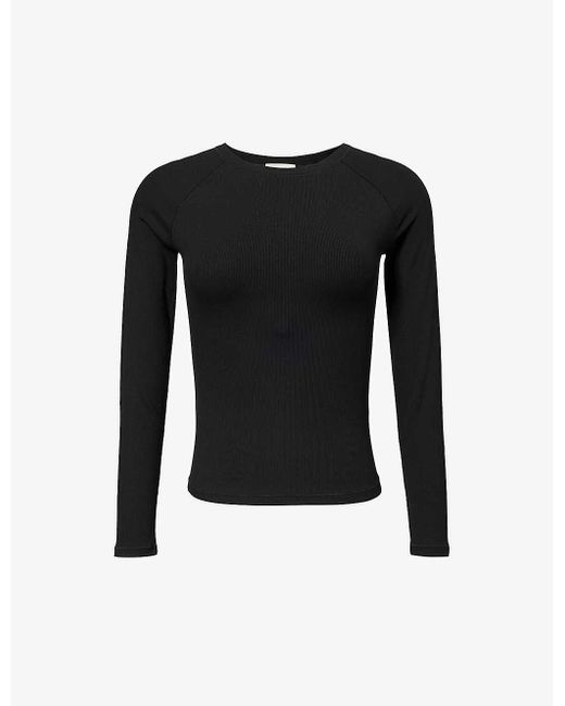 ADANOLA Black Ribbed Long-sleeve Stretch-woven Top