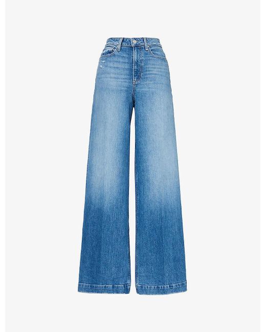 PAIGE Blue Harper Distressed Wide-leg High-rise Stretch-organic Denim Jeans