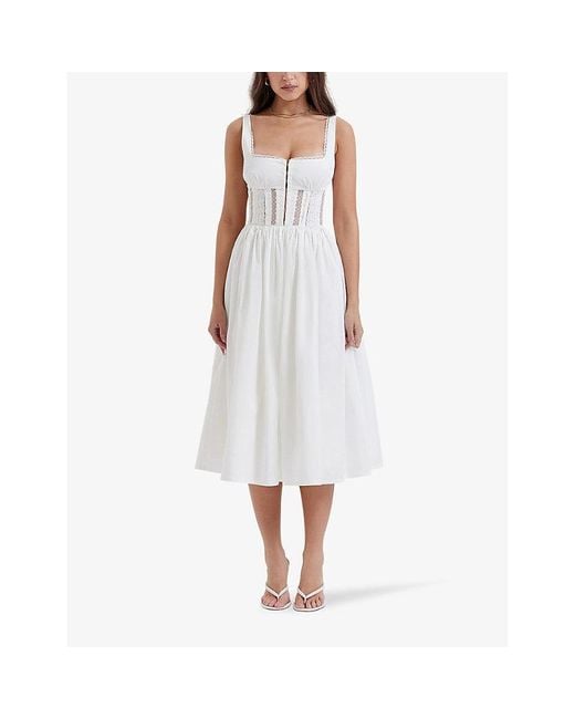 House Of Cb White Perle Lace-trim Stretch-cotton Midi Dress