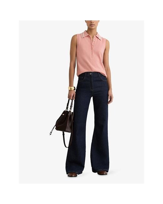 Reiss Pink Saskia Sleeveless Wool And Cashmere Polo Top