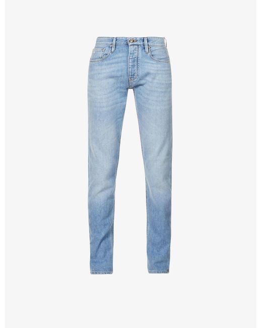 Emporio Armani Blue Bleached Slim-fit Straight Stretch-denim Jeans for men