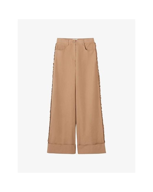 Claudie Pierlot Natural Ruffle Wide-Leg Cotton-Blend Trousers