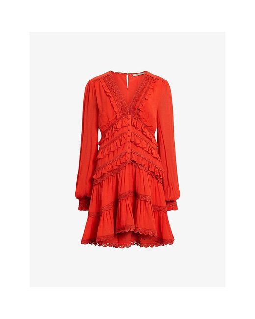 AllSaints Red Zora V-neck Smocked-back Woven Mini Dress