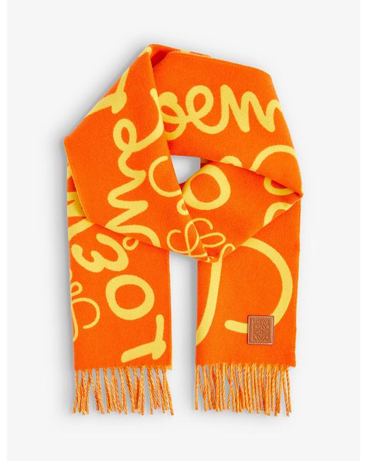 Loewe Orange Anagram-print Fringed Wool And Cashmere-blend Scarf