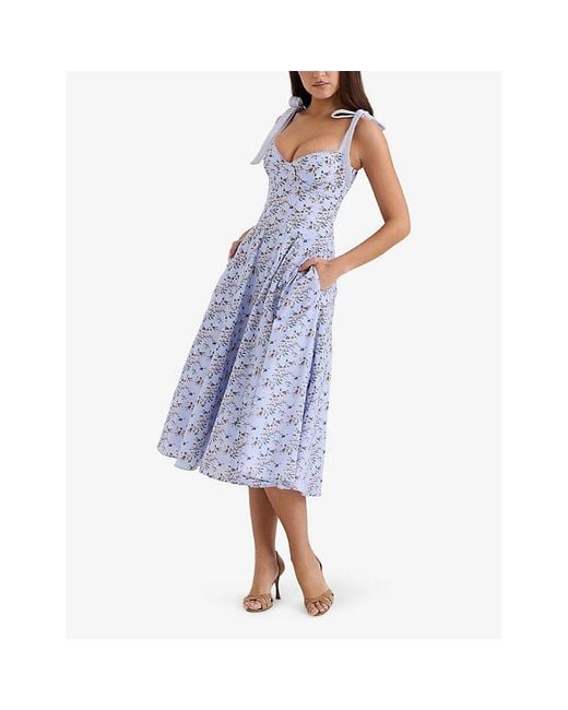 House Of Cb Blue Emely Floral-Print Stretch-Cotton Midi Dress