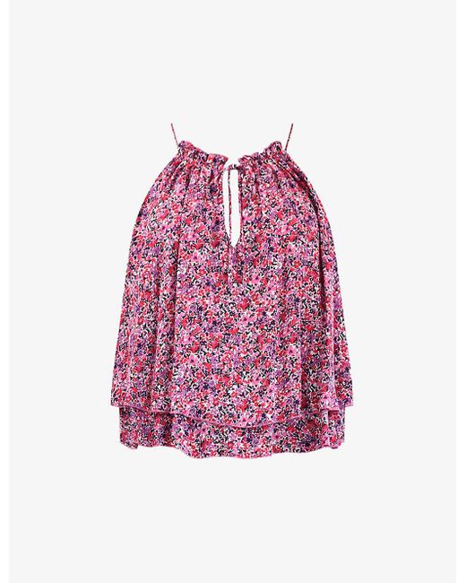 Ro&zo Pink Floral-print Halter-neck Woven Blouse