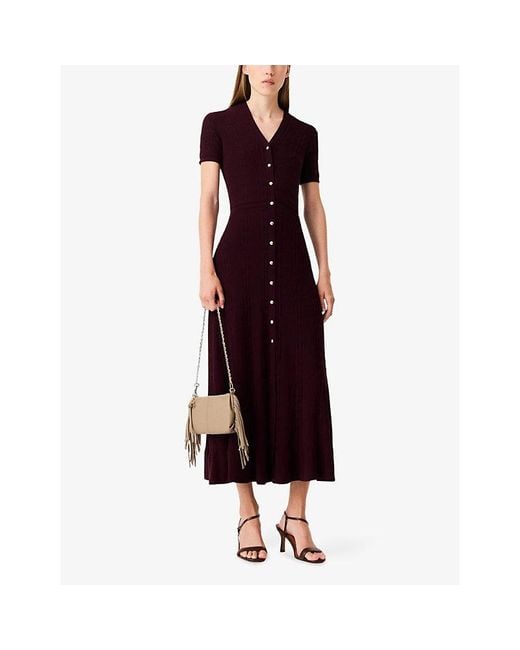 Maje Red V-Neck Button-Down Stretch-Knit Midi Dress