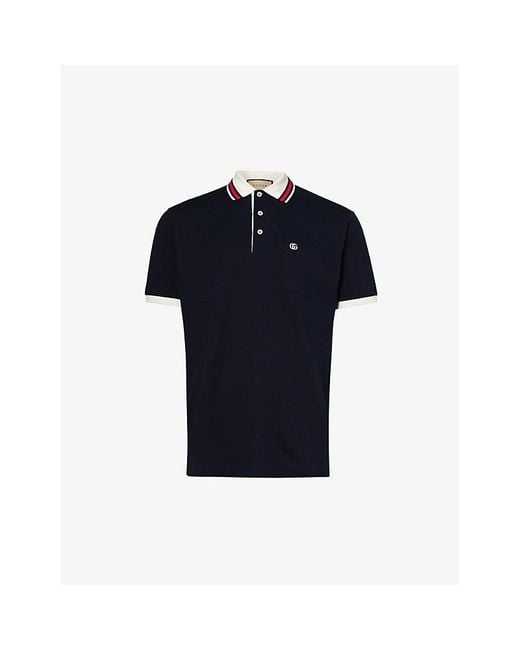 Gucci Blue Stripe-collar Short-sleeve Stretch-cotton Piqué Polo Shirt for men