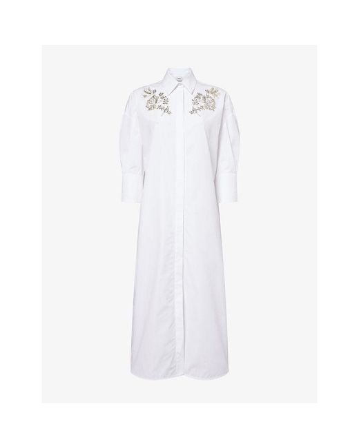 Erdem White Embellished Long-Sleeves Cotton-Poplin Midi Dress