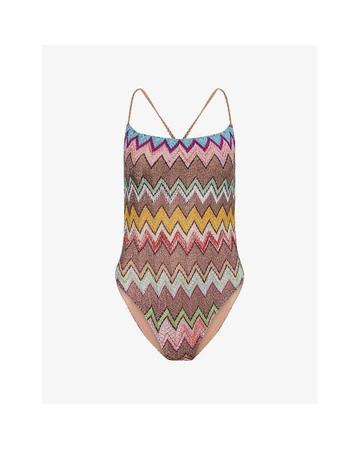 Missoni Multicolor Square-Neck Chevron Knitted Swimsuit