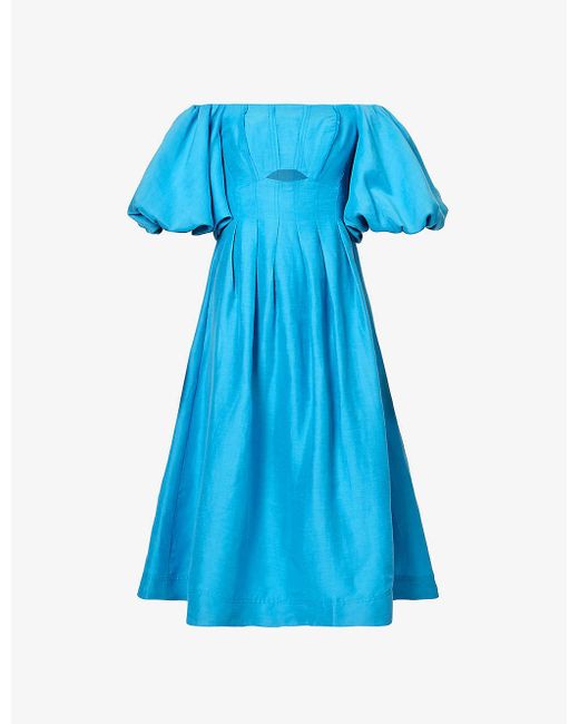 Aje. Blue Eugenie Off-the-shoulder Linen-blend Midi Dress