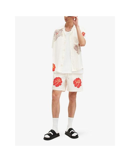 AllSaints Red Rose Graphic-print Relaxed-fit Woven Swim Short for men