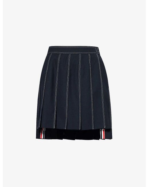Thom Browne Blue Pleated Contrast-stitching Wool Mini Skirt