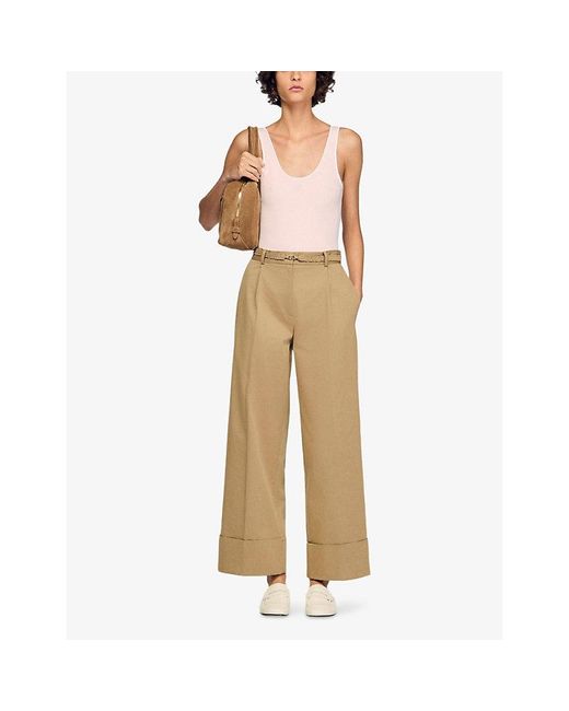 Sandro Natural Wide-Leg High-Rise Cotton-Blend Suit Trousers
