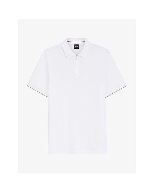 Boss White Short-Sleeved Half-Zip Cotton Polo Shirt for men