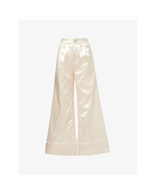 GRACE FAENA Natural Pearl-Button Wide-Leg Satin Trousers