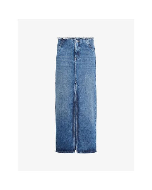 AllSaints Blue Cyra Frayed-waist High-rise Denim Maxi Skirt