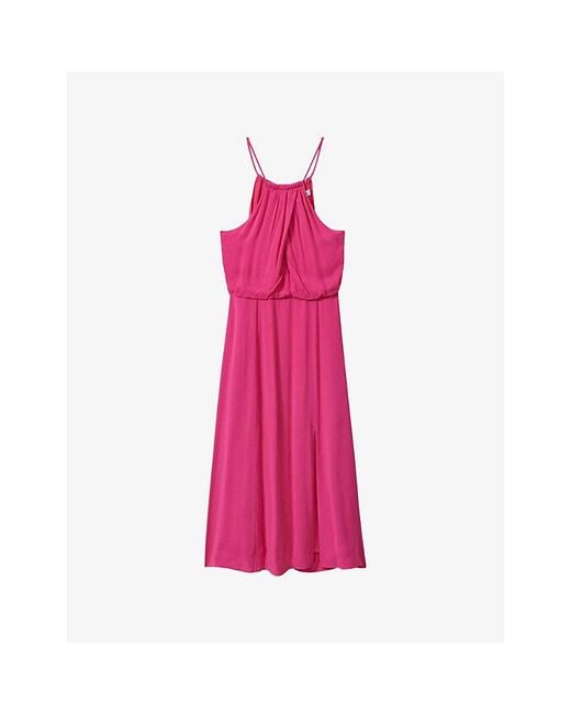 Reiss Pink Elliana Wrap-front Tie-neck Woven Midi Dress